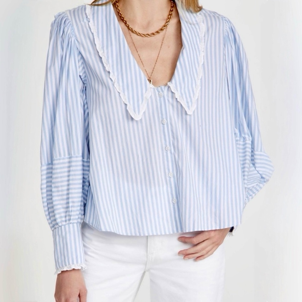 Free People Bexley Stripe Bohemian English Cottagecore Top Blue Cotton Blouse S